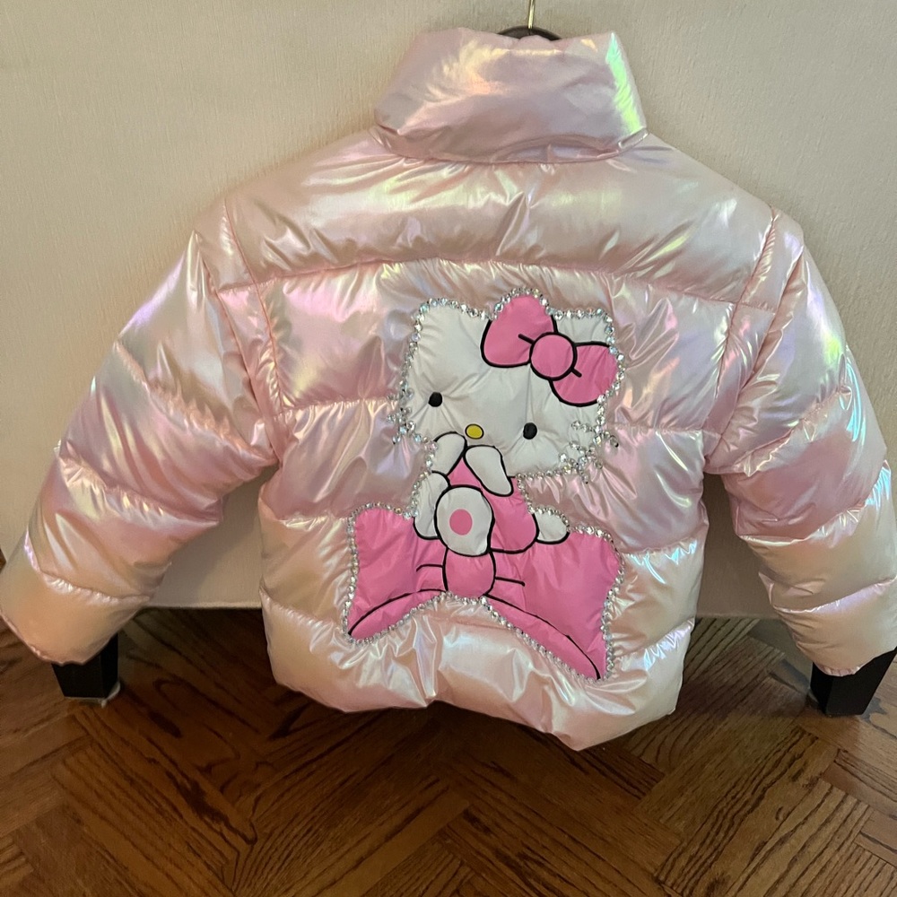 Lola + The Boys Iridescent Light Pink Puffer Jacket Hello Kitty
